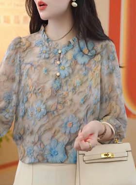 气质花边领七分袖印花衬衫女夏装新款气质显瘦花色小衫宽松妈妈装