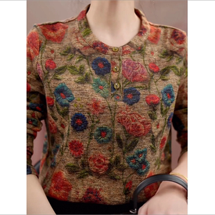 欧货德绒复古印花长袖T恤女X秋冬新款时尚圆领气质内搭打底衫上衣