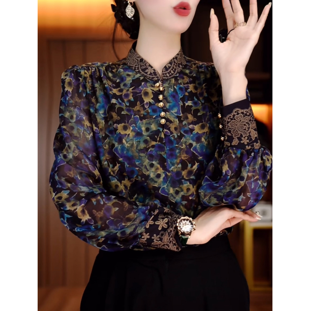 时尚洋气复古印花宽松立领衬衫女士秋季新款显瘦长袖薄款气质上衣,女装/女士精品,蕾丝衫/雪纺衫,淘宝优惠券,粉丝福利购,淘宝优惠卷