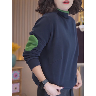 加厚双面绒半高领撞色卫衣女2026秋冬新款休闲简约内搭显瘦打底衫