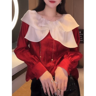 2025早春新款法式小香风荷叶边衬衫女设计感小众红色一字领上衣