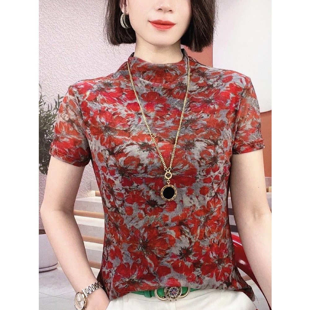 高端碎花网纱打底衫女半高领印花短袖T恤女夏装百搭修身小衫上衣