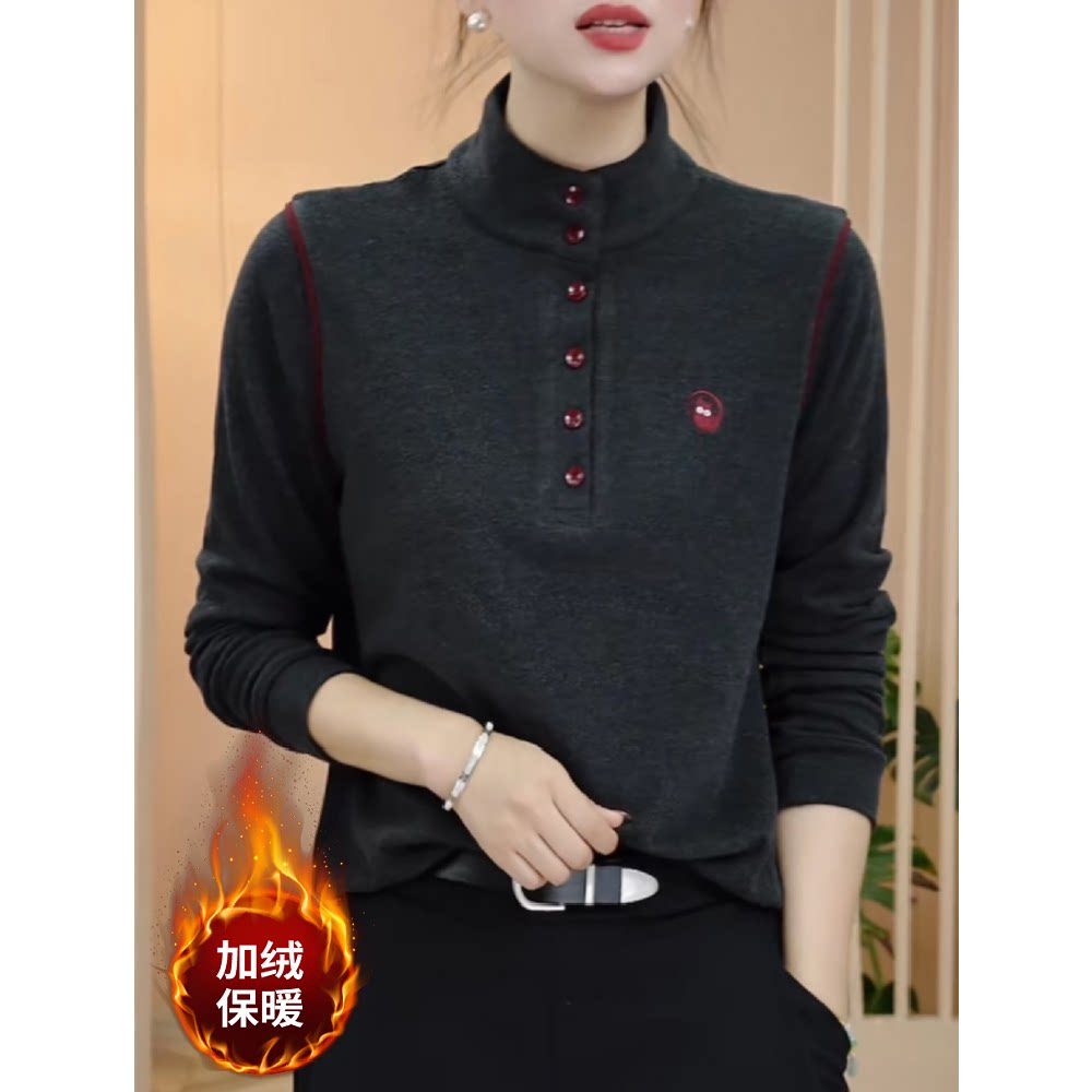 秋冬新款拼色立领双面绒卫衣女时尚百搭刺绣洋气纽扣加厚保暖小衫