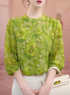 绿色碎花七分袖衬衫女夏季2026新款漂亮减龄时尚洋气妈妈小衫上衣