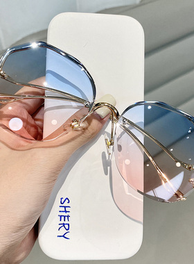 无框水晶切边多边形眼镜防紫外线墨镜女士复古潮2022新款太阳镜女