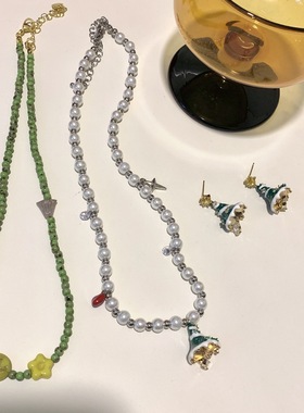 甜美氛围感圣诞节珍珠串珠爱心圣诞树吊坠项链女小众高级感毛衣链