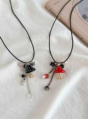 设计感精致重工滴油电镀蘑菇吊坠流苏毛衣挂脖链条可调节饰品