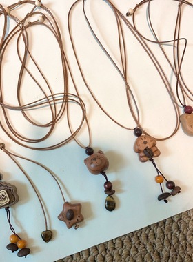 木质虎眼石小狗小熊项链女秋冬可爱小众设计毛衣链长款吊坠配饰