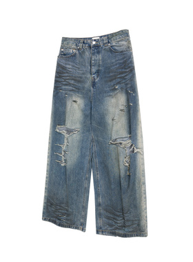 ins街头蓝色糜烂泥染刀割破坏baggy牛仔裤宽松直筒做旧脏兮兮长裤