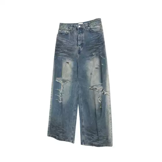 ins Street Style Blue Distressed Mud-Dyed Knife-Cut Baggy Jeans Loose Straight-Leg Vintage Dirty Long Pants