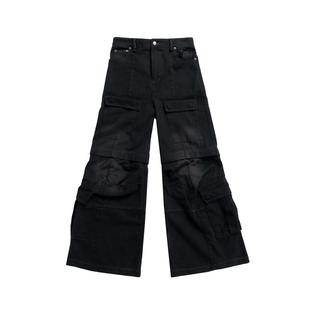 巴黎风格Flared Cargo做旧水洗微喇牛仔裤高街可拆卸工装裤休闲裤