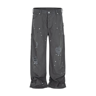 RO风格Cargo泼墨做旧vintage工装伐木裤法工裤直筒宽松廓形长裤男