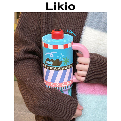 Likio 原创设计 多彩涂鸦保温杯 超大容量水杯子吸管陶瓷内胆