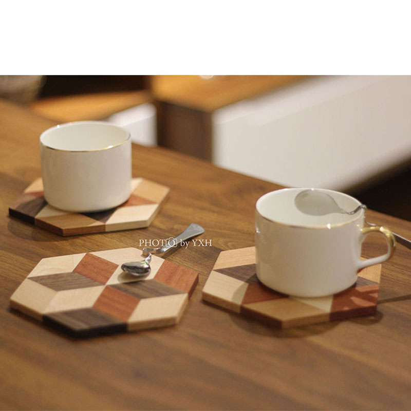 出口细工拼花六角形木质隔热垫