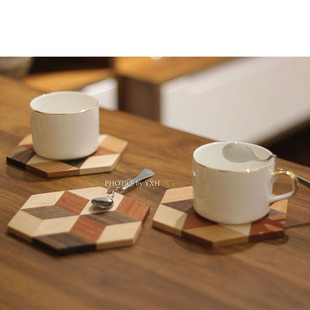 出口日本寄木细工天然实木拼花六角形杯垫创意日式手工木质隔热垫