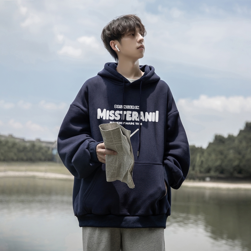 重磅棉美式复古黑色连帽卫衣男生秋冬季字母上衣加绒加厚日系外套