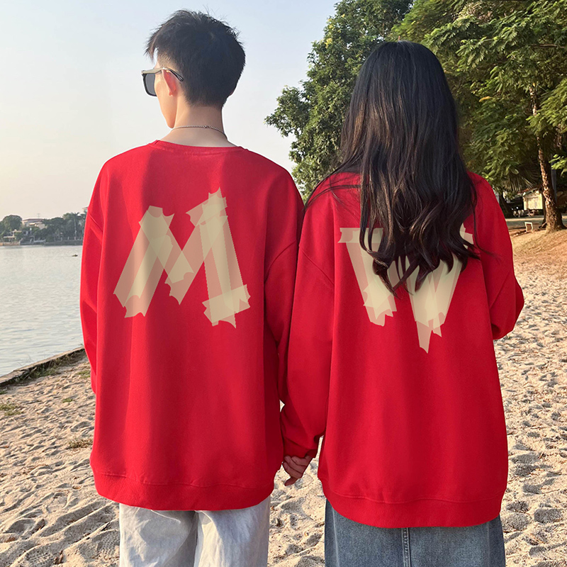 不一样的情侣装红色卫衣男加绒秋冬季2024网红高级感圆领外套日常