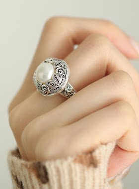 925银新中式镂空珠珠花纹戒指女