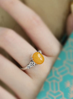 925银中国风蜜蜡蛋面铜钱戒指女