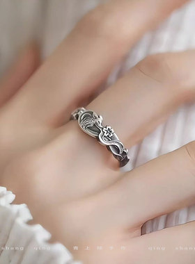 925银精致古风樱花九尾狐戒指女