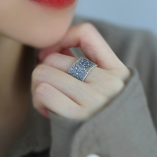 925银复古上上签戒指女新中式做旧个性文艺百搭气质可调节食指戒