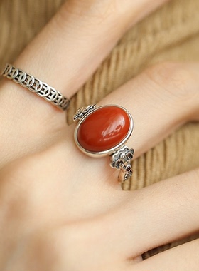 925银复古如意南红时尚小众戒指