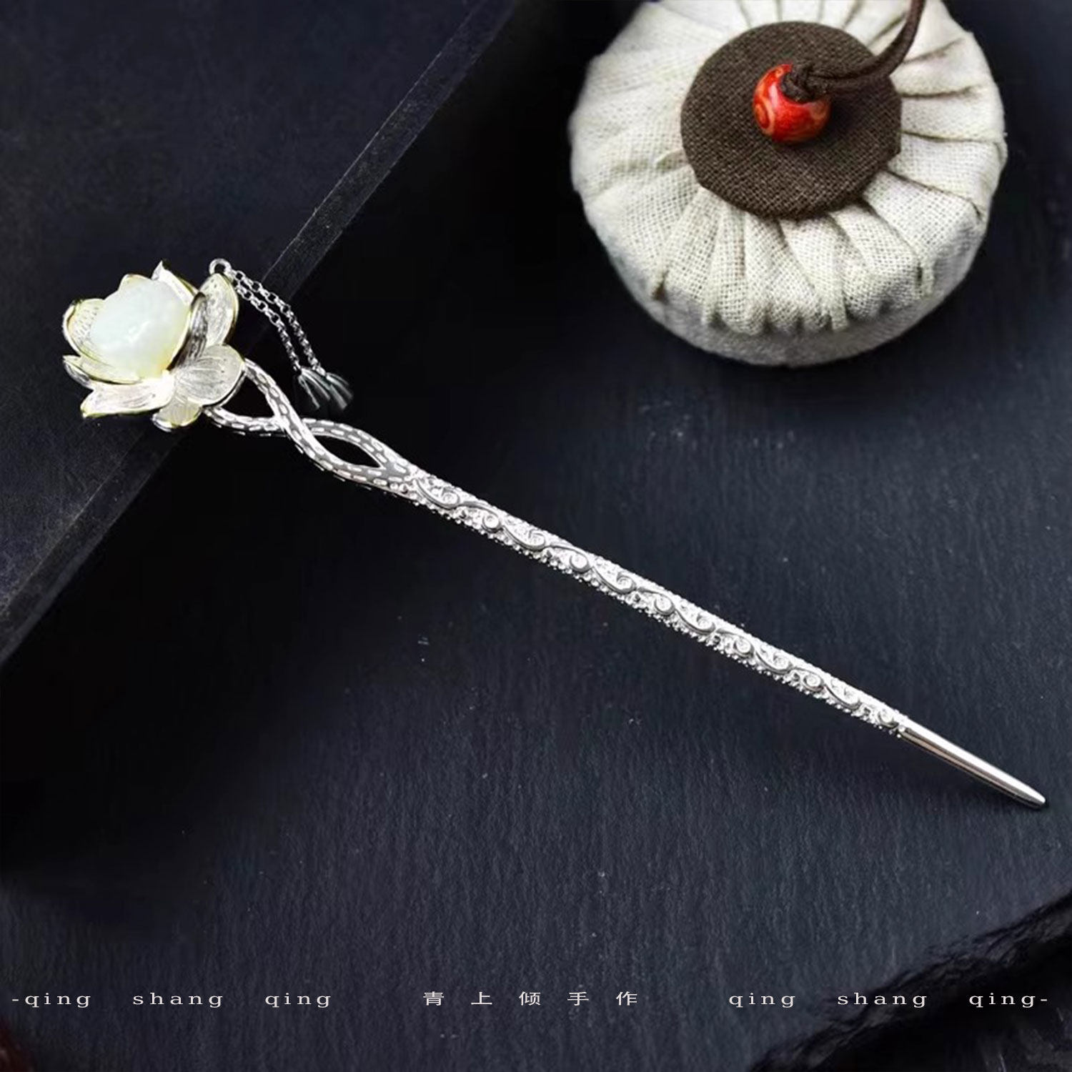 s925银爱莲说分金白玉金莲花玉簪子汉服头饰发簪女士发饰优雅古典