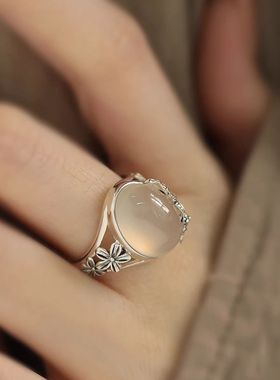 925银民族风椭圆花叶蛋面戒指女