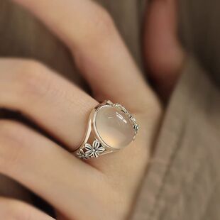 925银椭圆花叶蛋面戒指民族风复古做旧精致气质时尚可调节食指戒