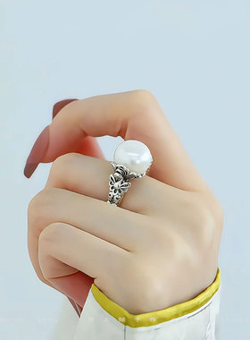 925银复古民族风格桑花珍珠戒指