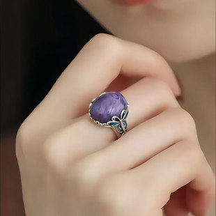925银中国风紫龙晶珐琅蝴蝶戒指小众复古民族中式轻奢精致食指戒