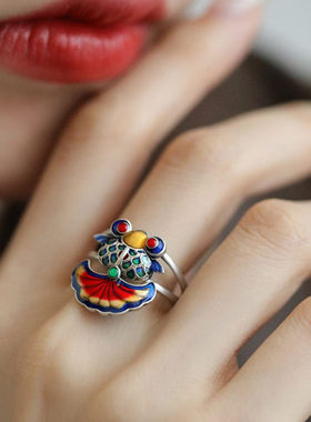 925银中国风珐琅金鱼锦鲤戒指女
