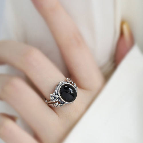 925银复古黑玛瑙花叶小众戒指女