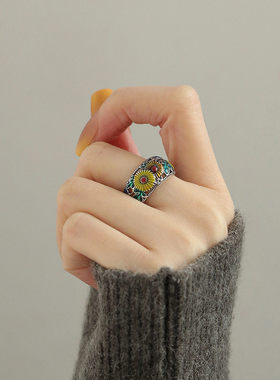 925银复古菊花叶子小众高级戒指