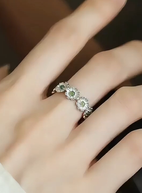 925银复古碧玉花环气质雏菊戒指