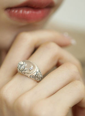 925银新中式玉髓莲花气质戒指女