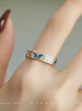 925银新中式国风蝴蝶心经戒指女