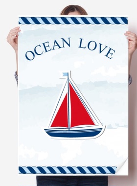 帆船红帆海军领航航海插画海报贴纸80x55cm墙贴纸卧室家居装饰