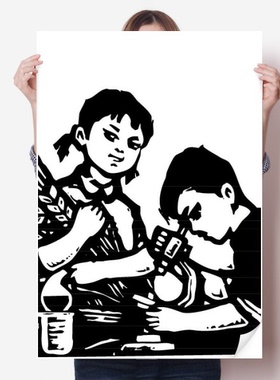 男孩女孩麦穗显微镜爱国插画海报贴纸80x55cm墙贴纸卧室家居装饰