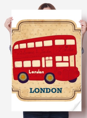 红色双层巴士英国伦敦邮票复古海报贴纸80x55cm墙贴纸卧室家居装饰