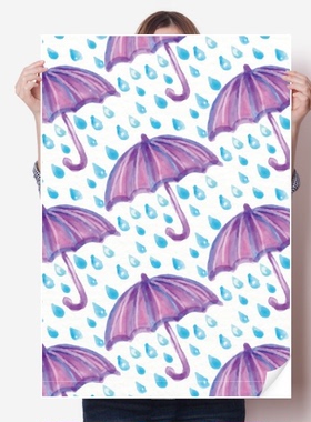 紫色水彩雨伞雨天气海报贴纸宣传壁纸墙贴纸卧室家居装饰背胶写真