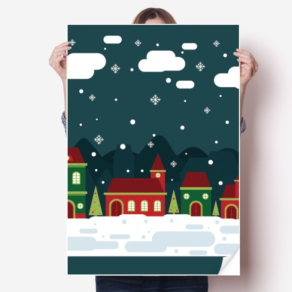 雪花云彩树房子天气海报贴纸宣传壁纸墙贴纸卧室家居装饰背胶写真