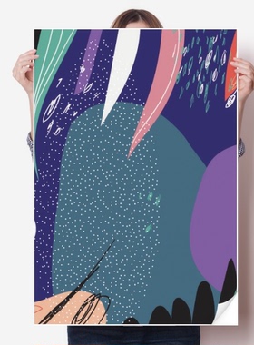 蓝色抽象花卉北欧插画海报贴纸80x55cm墙贴纸卧室家居装饰