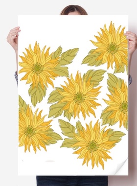 手绘向日葵黄色花卉绿叶海报贴纸80x55cm墙贴纸卧室家居装饰