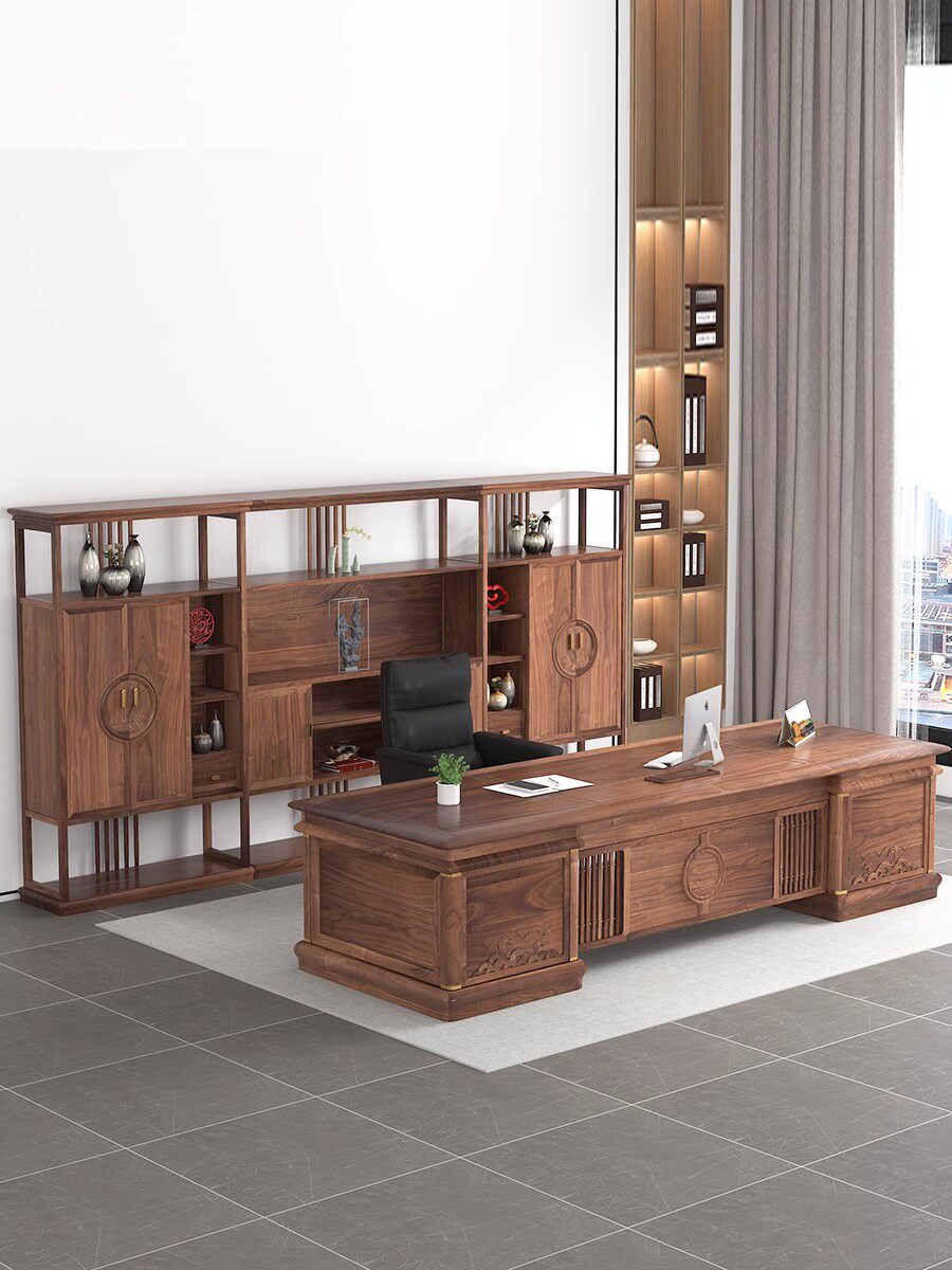 新中式实木大班台老板桌书柜组合总裁董事长办公室白蜡木高档家具