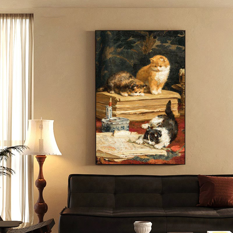 动物油画风装饰画咖啡厅宠物店可爱猫咪挂画美式客厅儿童房卧室画图片