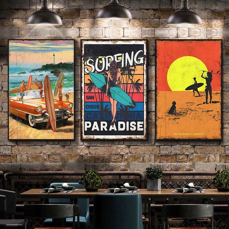 冲浪主题装饰画美式复古酒吧音乐餐吧壁画沙滩落日椰树咖啡馆挂画