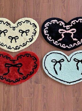 ins甜美蝴蝶结爱心植绒簇绒卧室床边毯衣帽间地垫卫生间吸水脚垫