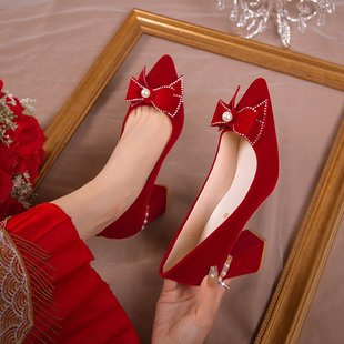 子百搭敬酒新娘鞋 秋季 女红色高跟秀禾婚纱结婚鞋 婚鞋 孕妇粗跟红鞋