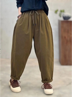 SUME素米秋款上新水洗棉休闲裤透气老爹哈伦裤女松紧腰新款萝卜裤